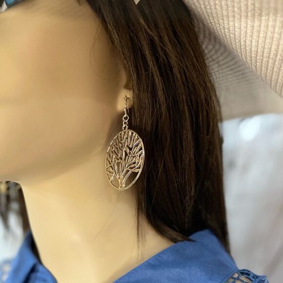 Tree of Life Silver Statement Round Dangle Earrings - Picture 2 of 3